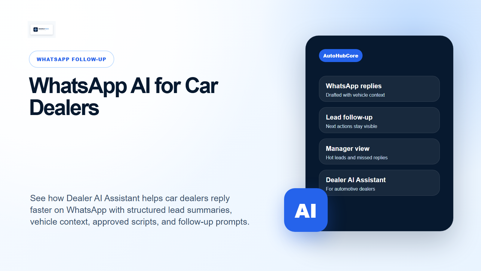 WhatsApp AI Reply Workflows for AutoHubCore dealers
